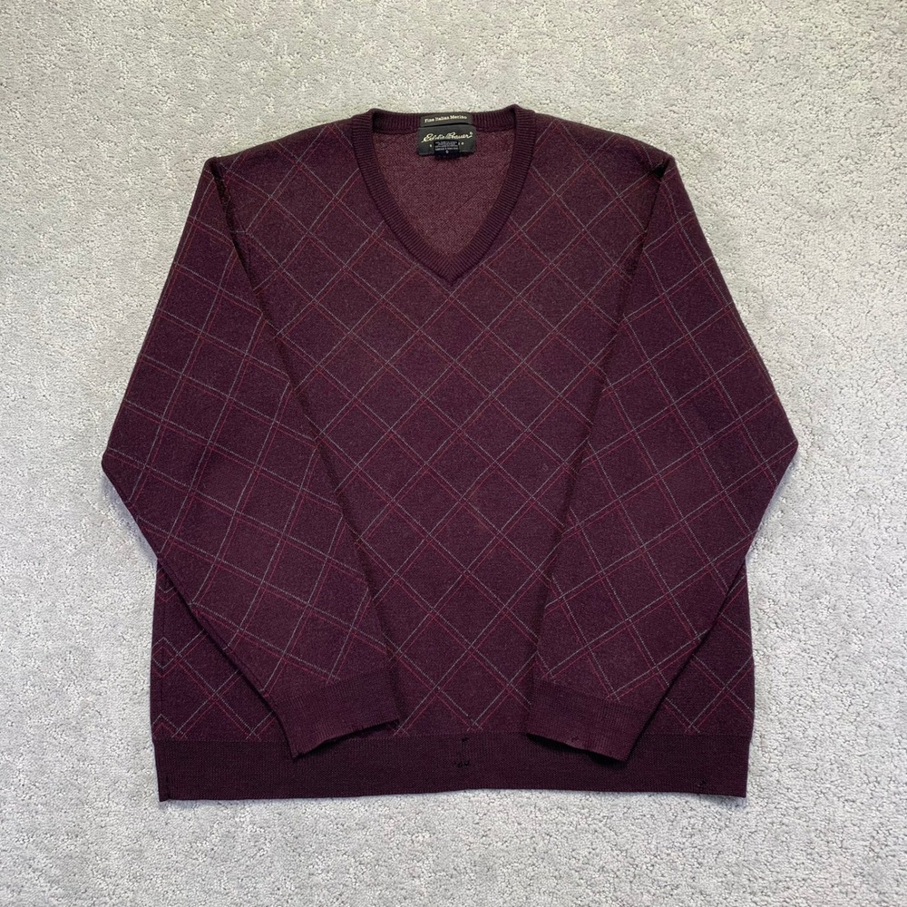 VINTAGE Eddie Bauer Sweater Mens Large Burgundy Argyle Italian Merino Wool VNeck
